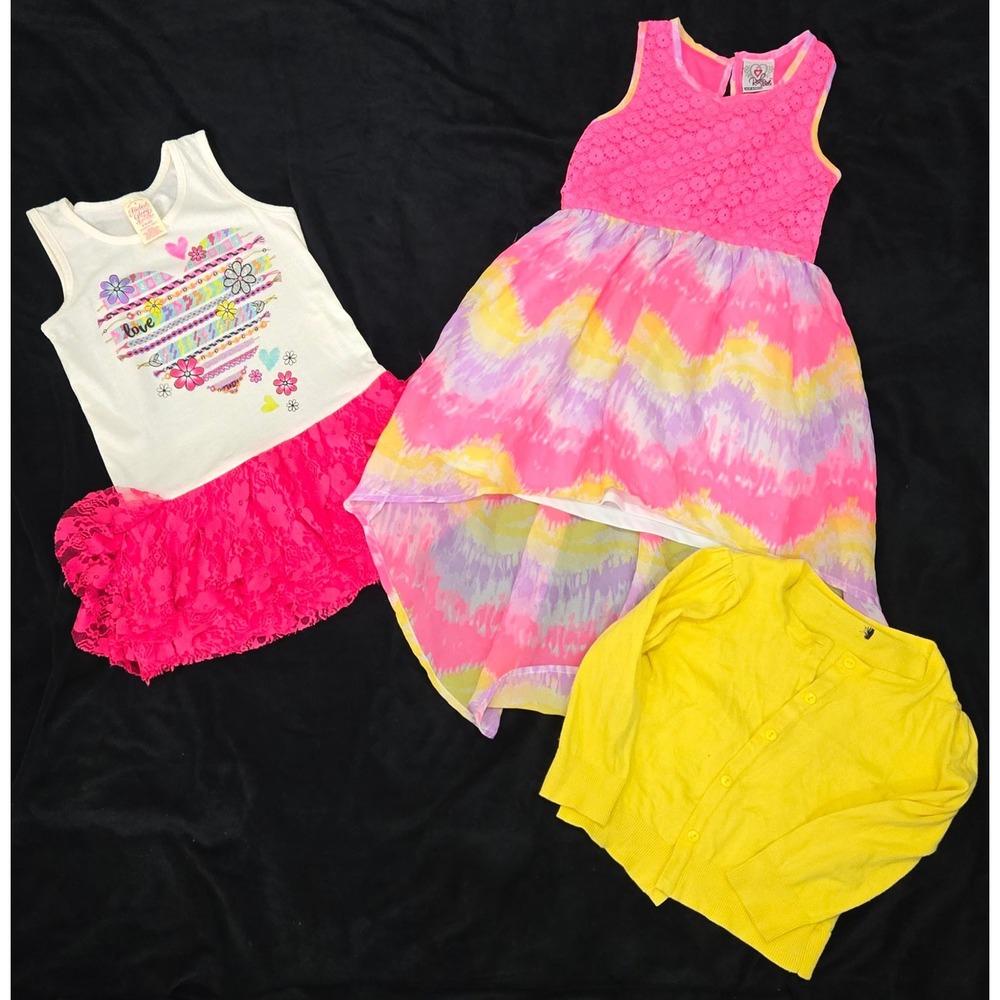 Girls Size 6-6x Bundle Pink Tie Dye High Low Dress Yellow Cardigan 3pc